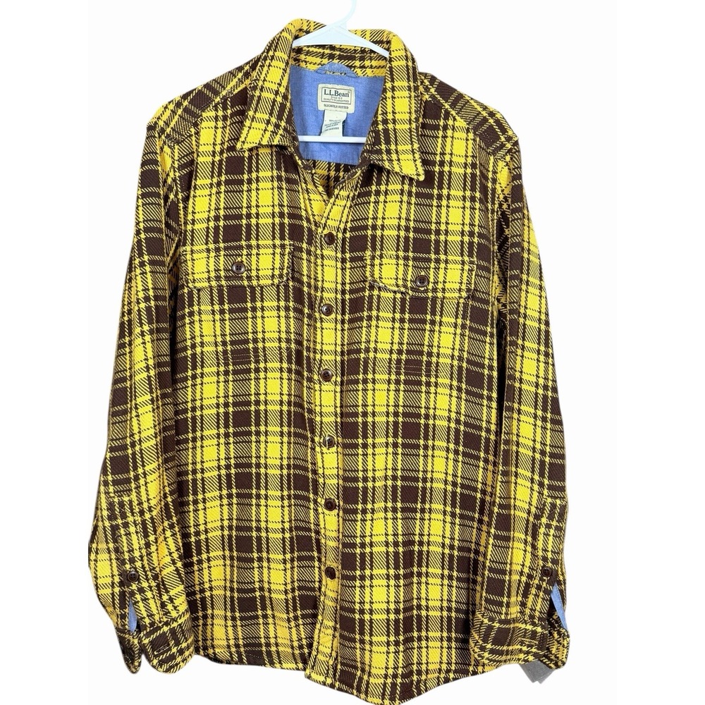 L.L. Bean Men's 1912 Chamois Shacket M Brown Yellow Plaid Overshirt‎ Cotton